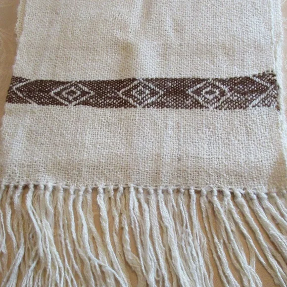 Cream & Brown Wool fringed scarf - Picture 4 of 6